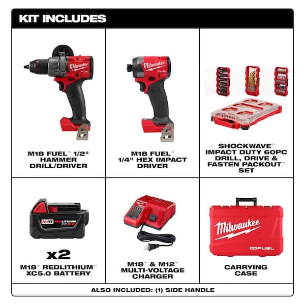 Milwaukee M18 FUEL 18V Li-Ion Brushless Cordless Hammer Drill and Impact Driver Combo Kit w/2 Batteries & PACKOUT Bit Set (60-Pc)
