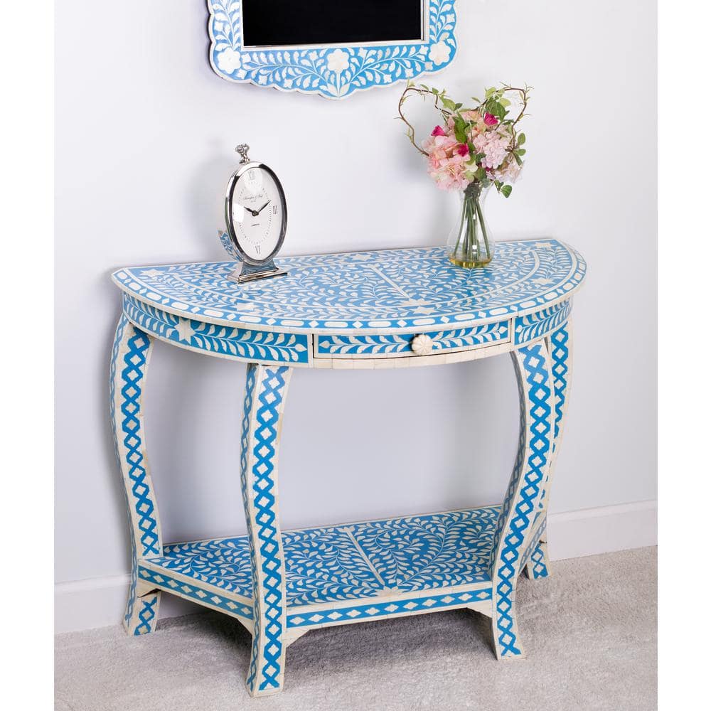 Vivienne Blue Bone Inlay Demilune Console Table with Storage