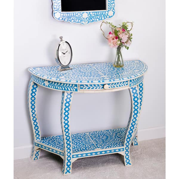 Butler Specialty Company Vivienne 37.5 in. Sky Blue Specialty Demilune Shaped Bone Inlay Console Table with 1 Drawer