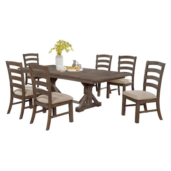 Beige Rustic Walnut Dining Table Set, 7 Foot Dining Table Set