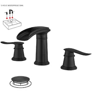 8 in. Waterfall Widespread 2-Handle Bathroom Solid Brass Faucet With Pop-up Drain Assembly in Spot Resist Matte Black