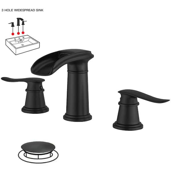 HOMEMYSTIQUE 8 in. Widespread Double Handle Bathroom Faucet with Drain Kit Included in Matte Black