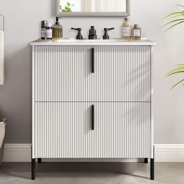 30 in. W Single Sink Freestanding White Bath Vanity with White Ceramic Top, Soft Close Drawer, Unassembled