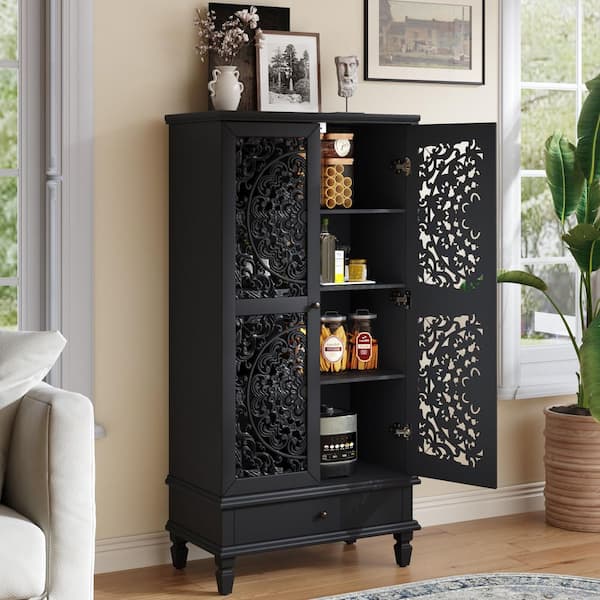 Estra Black Washed Wood 55.51 in. Storage Cabinet with 2 Carved Doors and 3 Shelves