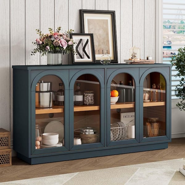 Unbranded Navy MDF 57.7 in. Accent Sideboard Kitchen Buffet Storage Cabinet with Glass Doors for Dining Room and Living Room