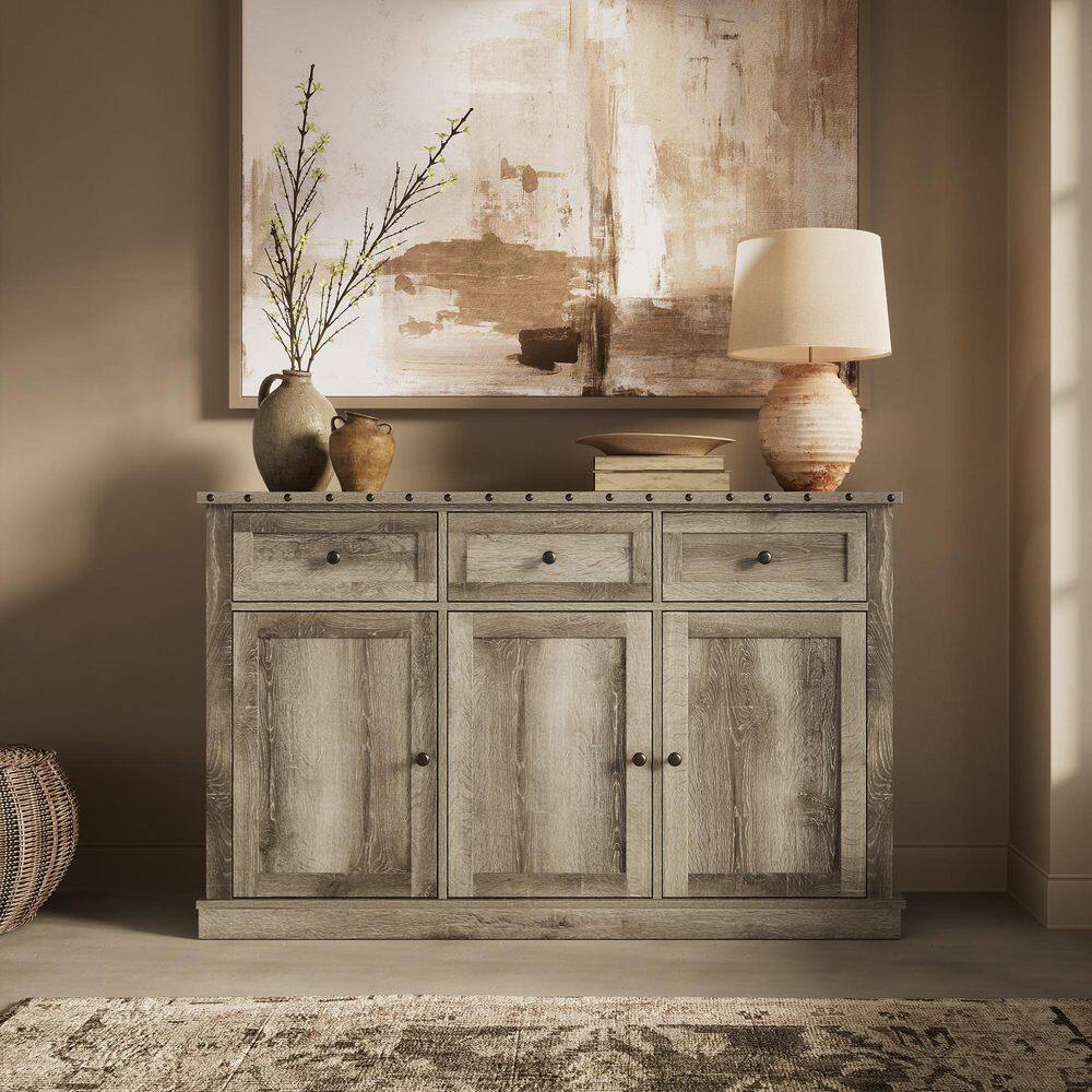 Rustic Rivet Beige Wood 56 in. Sideboard Buffet Storage Cabinet 3 Doors Drawers for Kitchen Dining Room Farmhouse