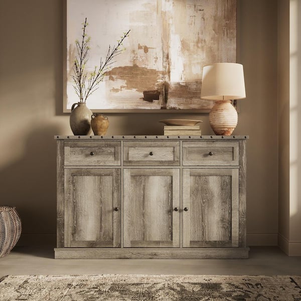 Rustic Rivet Beige Wood 56 in. Sideboard Buffet Storage Cabinet 3 Doors Drawers for Kitchen Dining Room Farmhouse