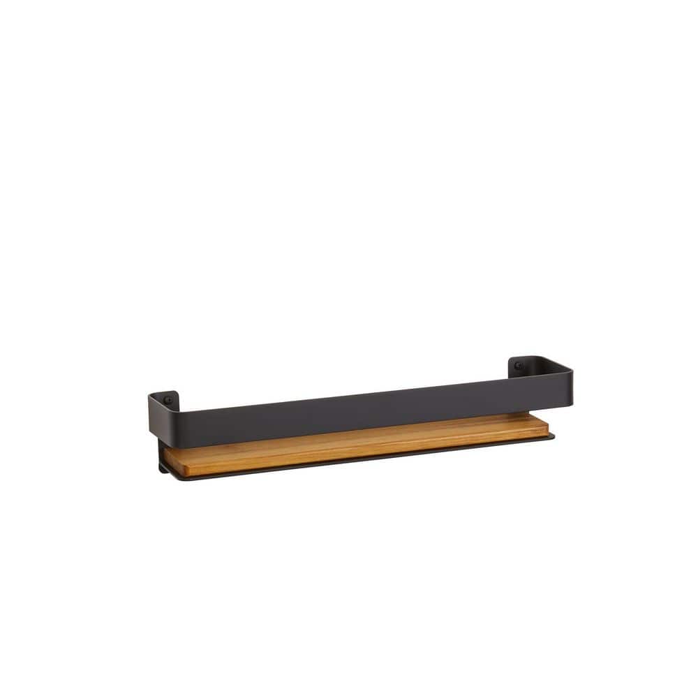 Matte Black and Teak Wood Wall Mounted Shower Shelf