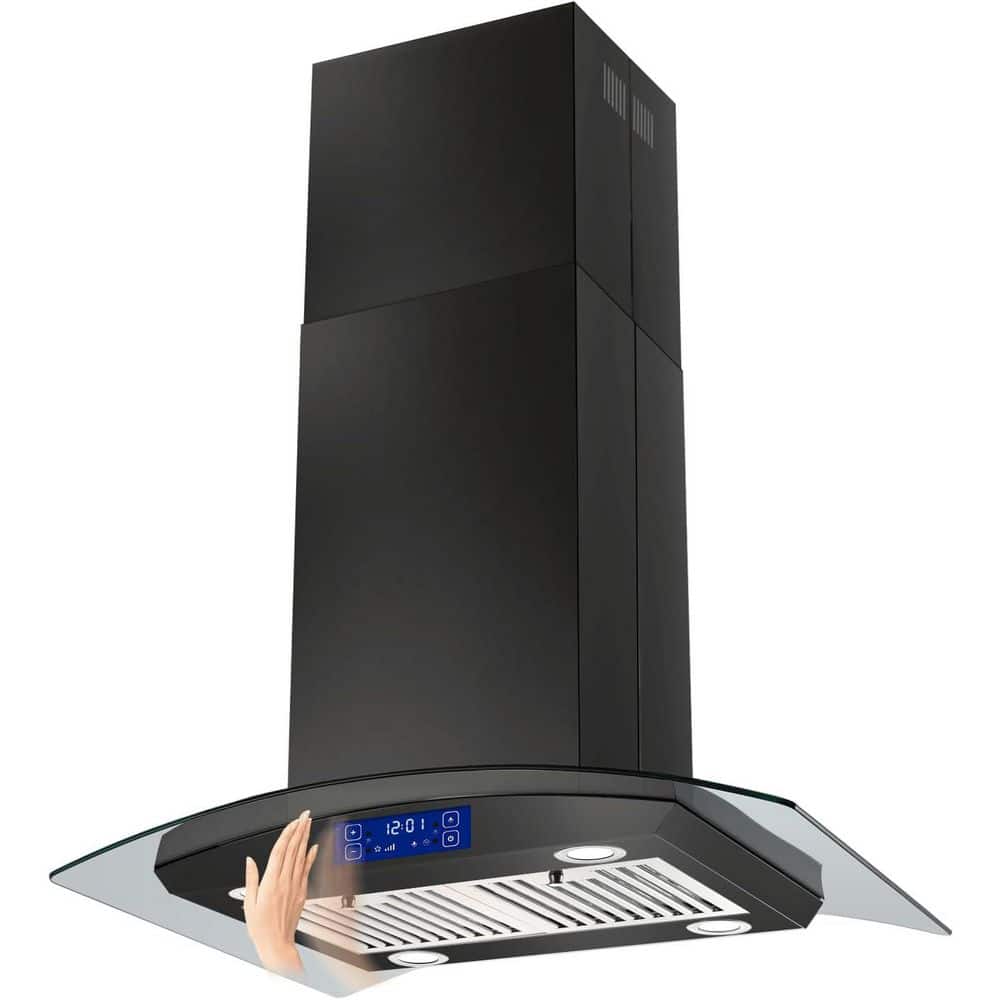 JOEAONZ 30 in. 700CFM Island Range Hood Black, Gesture and Touch Panel Ceiling Mount Vent Hood, Tempered Glass, LED lights