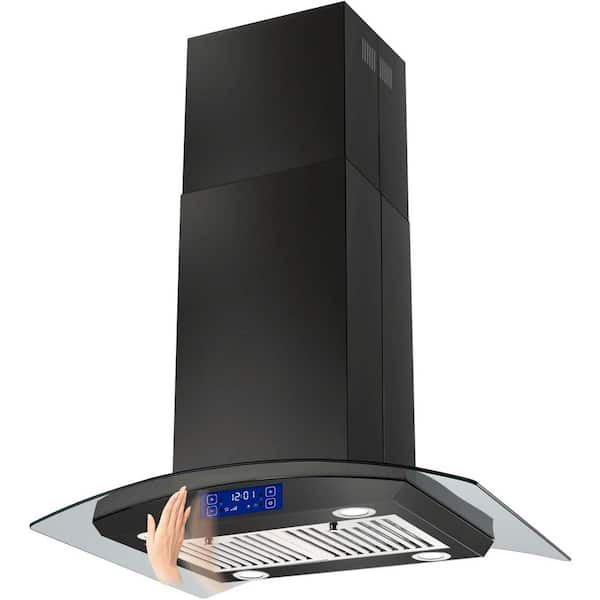 30 in. 700CFM Island Range Hood Black, Gesture and Touch Panel Ceiling Mount Vent Hood, Tempered Glass, LED lights