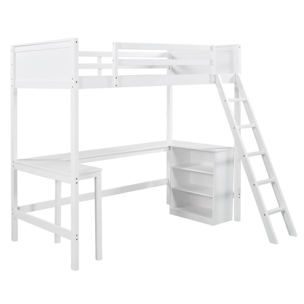 Urtr Twin Size Loft Bed Frame With Desk And Shelves Wooden Loft Bed With Storage For Kids Teens Adults White T K The Home Depot