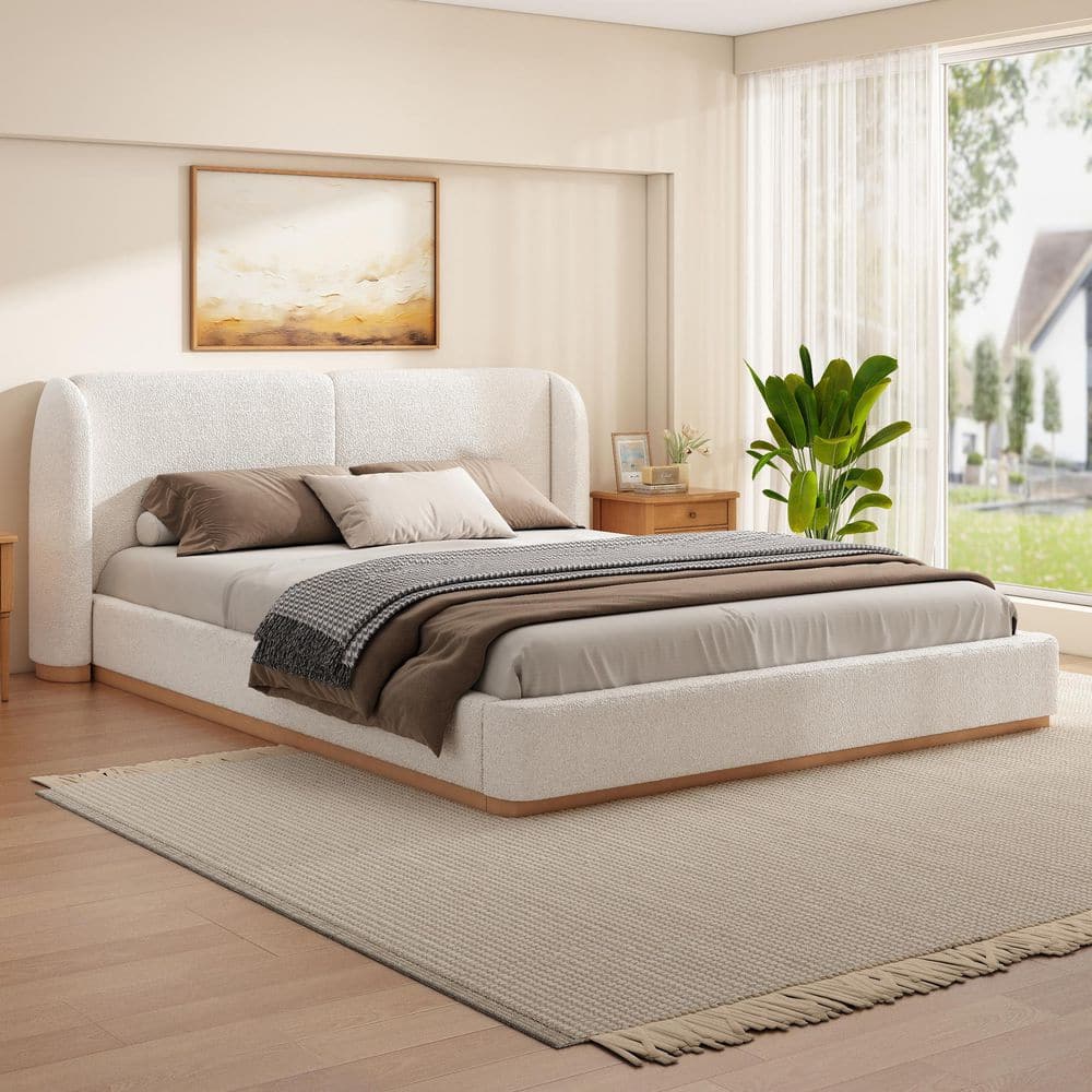 Norvel Modern White Boucle Upholstered Wood Frame California King Size Platform Bed with Wingback Headboard