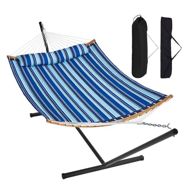 SKYSHALO 2-Person Hammock with Stand Included, Double Hammock with Curved Spreader Bar and Detachable Pillow and Portable