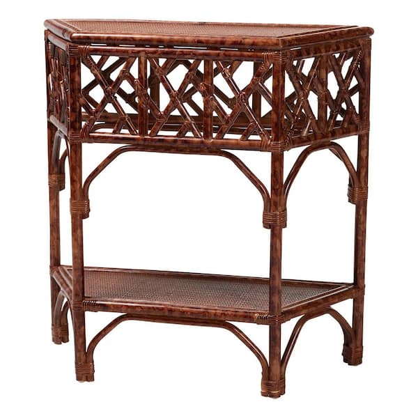 Gaspar 32 in. Marbled Tortoise Brown Half-Moon Rattan Wicker Console Table