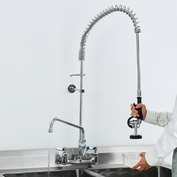 Commercial Faucet Double Handle Pull Down Sprayer Kitchen Faucet Deck Mount Kitchen Sink Faucet, Silver