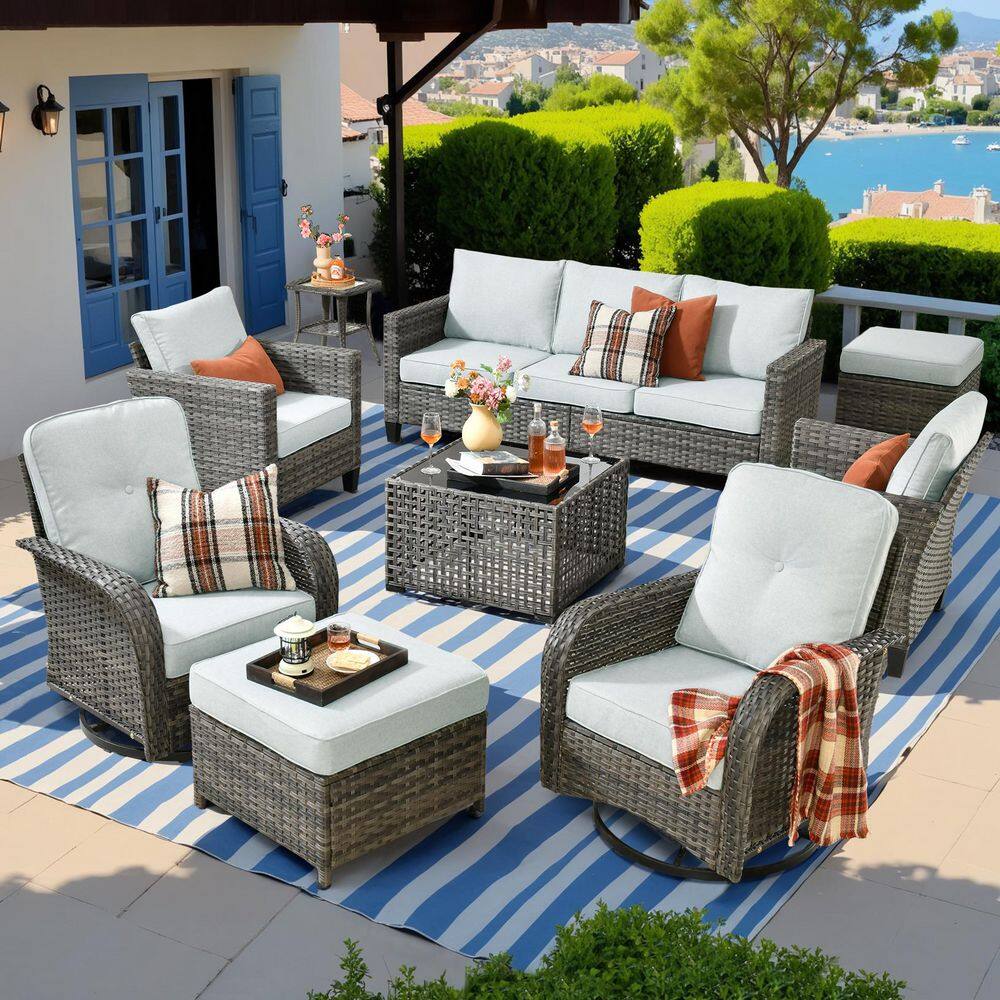 Daphne 9-Piece Wicker Patio Conversation Sofa Seating Swivel Rocking Chairs Set with Ottomans and Light Gray Cushions price history on PriceWatchPro
