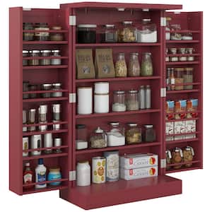 Red 5-Tier Shelf 12-Spice Racks 41 in. Kitchen Pantry Storage Cabinet, with Double Doors and Adjustable Shelves