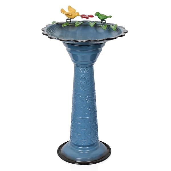 Alpine Corporation Alpine Corporation ORS112BL Vintage Metal Pedestal Birdbath with Stand Shallow Bird Bath Bowl for Outside 28 in. H Blue