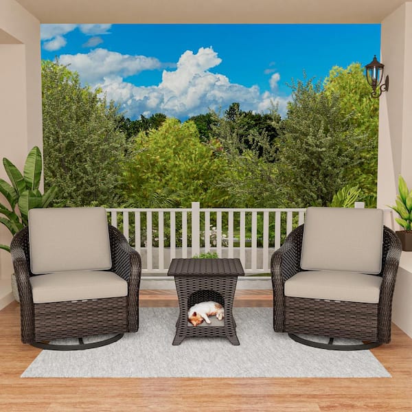 MeetLeisure 3-Piece Patio Furniture Set Outdoor Wicker Conversation with Beige Cushions and Small Pet Table
