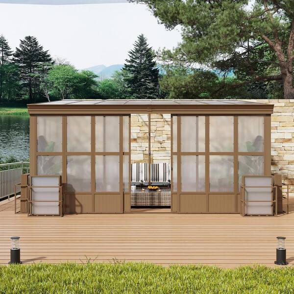 12 ft. x 16 ft. Brown Lean-to Wall Mounted Aluminum Frame Sunroom with Polycarbonate Roof and Sliding Doors