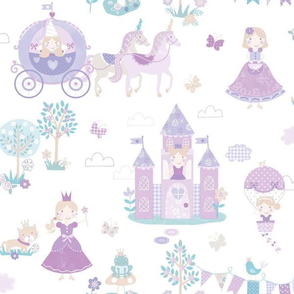 Unbranded Tiny Tots 2 Collection Purple/Turquoise/Cream Matte Finish Fairytale Princess Non-Woven Paper Wallpaper Roll