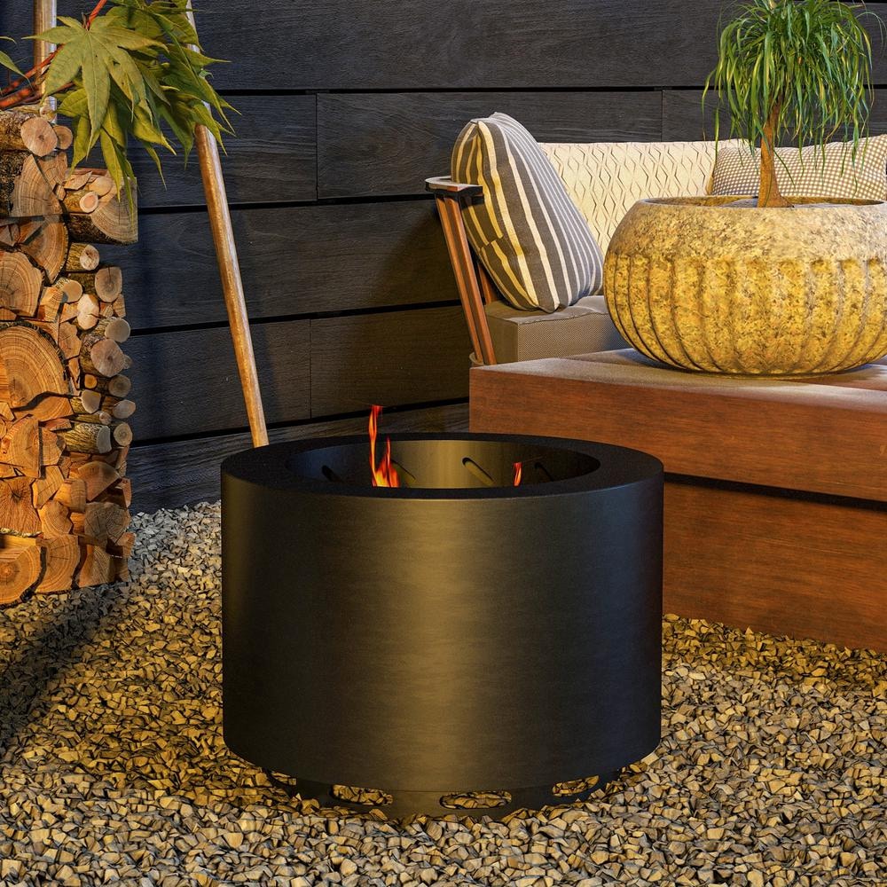 Black Steel Smokeless Wood Burning Fire Pit with Poker, 19"