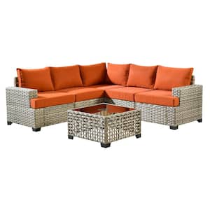 Ulrica 6-Piece Wicker Outdoor Sectional Set with Orange Red Cushions