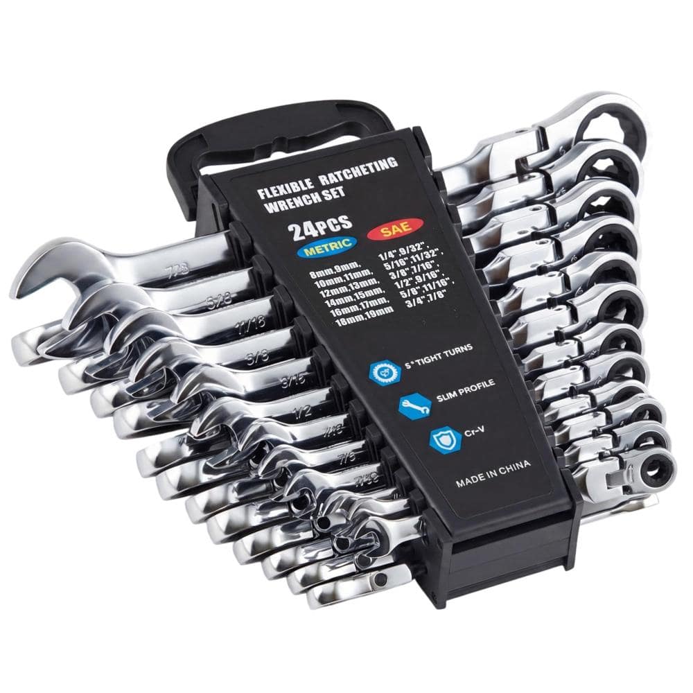 24 Piece Ratcheting Combination SAE & Metric Wrench Set, Metric 8-19mm & SAE 1/4"-7/8" Arc CR-V Steel 72-Tooth 5°Swing