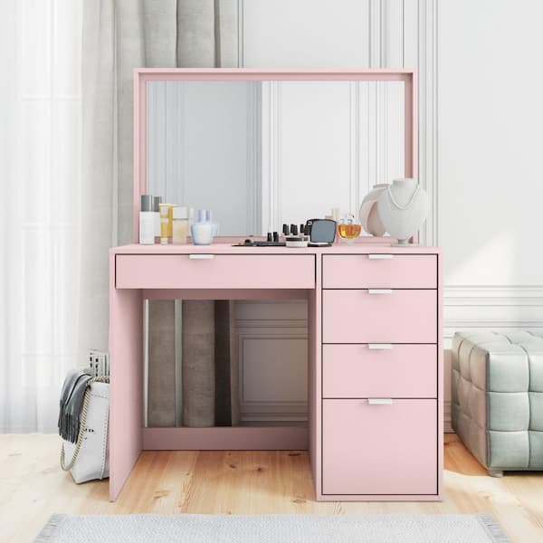 Marylan Rose Pink Makeup Vanity Dressing Table, 5- Drawer Aluminum Handles Marylan Rose Pink Makeup Vanity Dressing Table, 5- Drawer Aluminum Handles