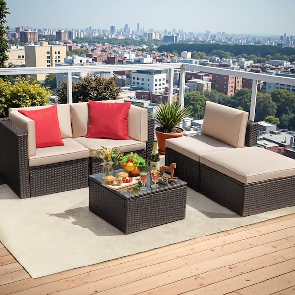 5-Pieces Wicker Patio Conversation Set Outdoor Rattan Sofa with Glass Coffee Table and Beige Cushions
