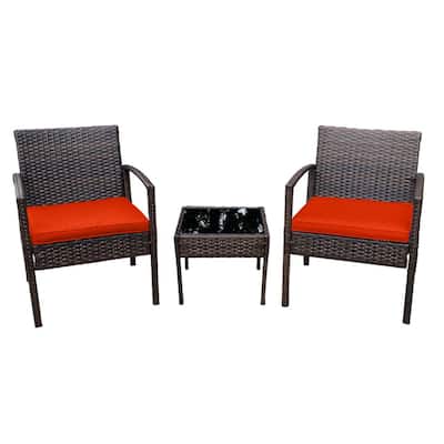 3-Piece Rattan Bistro Set Chair with Thick Cushions and Glass Top Coffee Table (Orange)