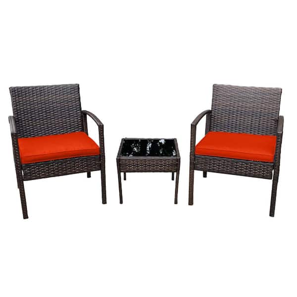 Pyramid Home Decor 3-Piece Rattan Bistro Set Chair with Thick Cushions and Glass Top Coffee Table (Orange)