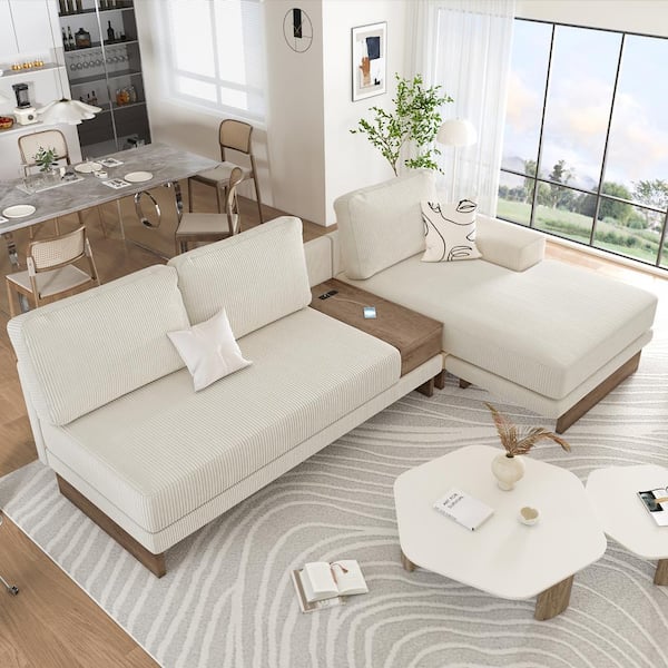 114 in. Corduroy L-Shaped Sectional Sofa in. Beige with Drawer, 2 USB Ports and 2 Power Sockets