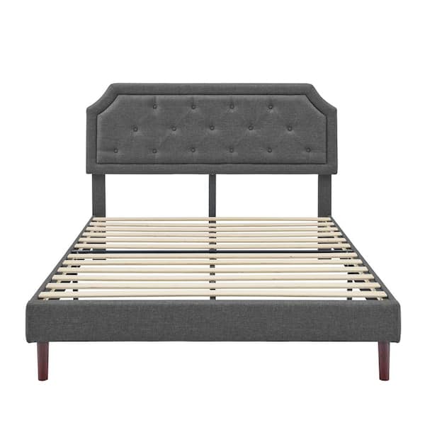 BIKAHOM Dark Gray Wood Frame Queen Platform Bed with Button Tufted Headboard