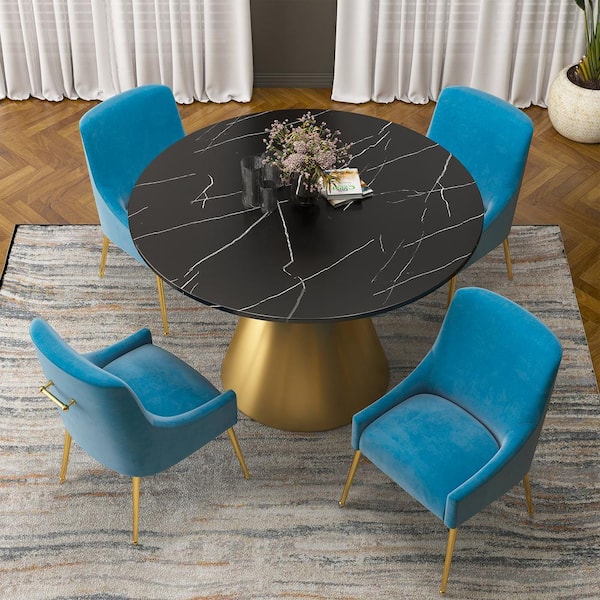 Boyel Living 5-Piece Round Stainless Steel Black and Gold Marble Top Table Set Seats 4 (4 Light Blue Dining Chairs)