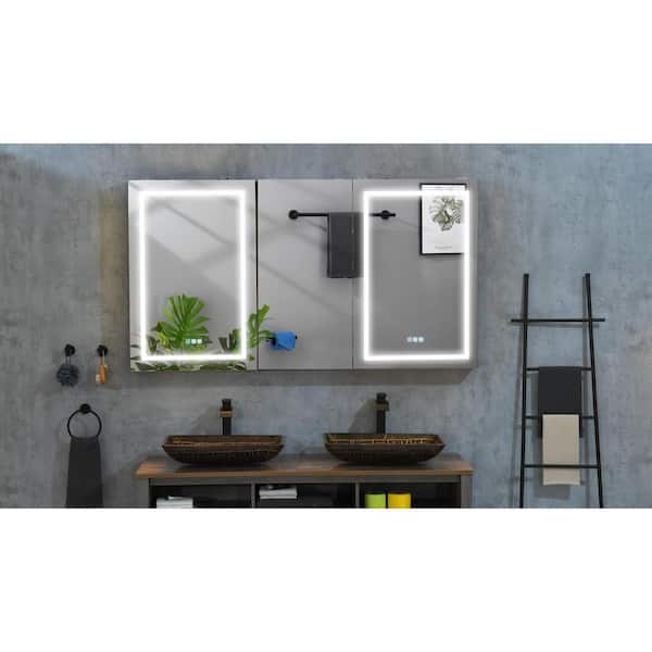 Zeus & Ruta 66 in. W x 36 in. H Large Rectangular Black Aluminium Surface Mount Medicine Cabinet with Mirror and 3x Amplify Mirror