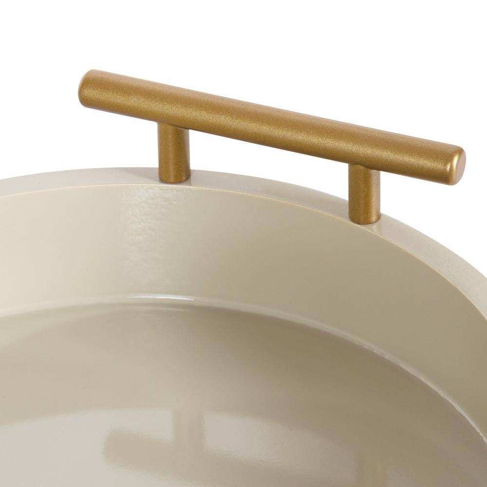 Luxe Lipton 12" Round Light Brown Wood Tray with Gold Handles
