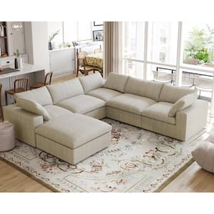 120.45 in. Square Arm Linen Velvet 6-Piece Modular Free Combination Sectional sofa with Ottoman in Light Khaki