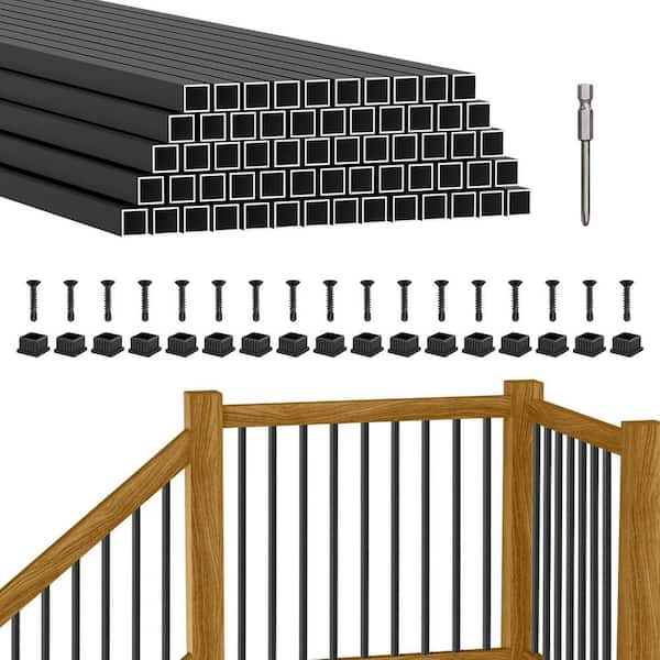 KIWDZFU 4.38 in. H x 0.75 in. W Black Aluminum Square Deck Balusters with Anti-UV Connectors, Hollow Aluminum, Stair Railing Kit