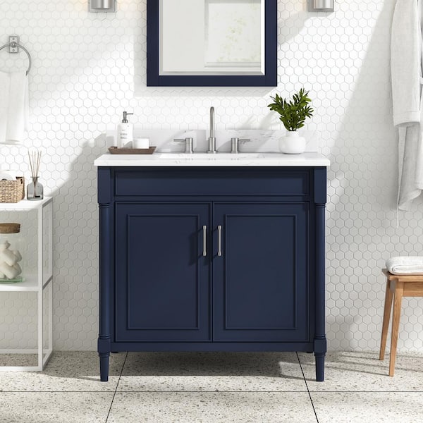 Avanity Bristol 37 in. Single Sink Navy Blue Bath Vanity with Cala White Engineered Stone Top