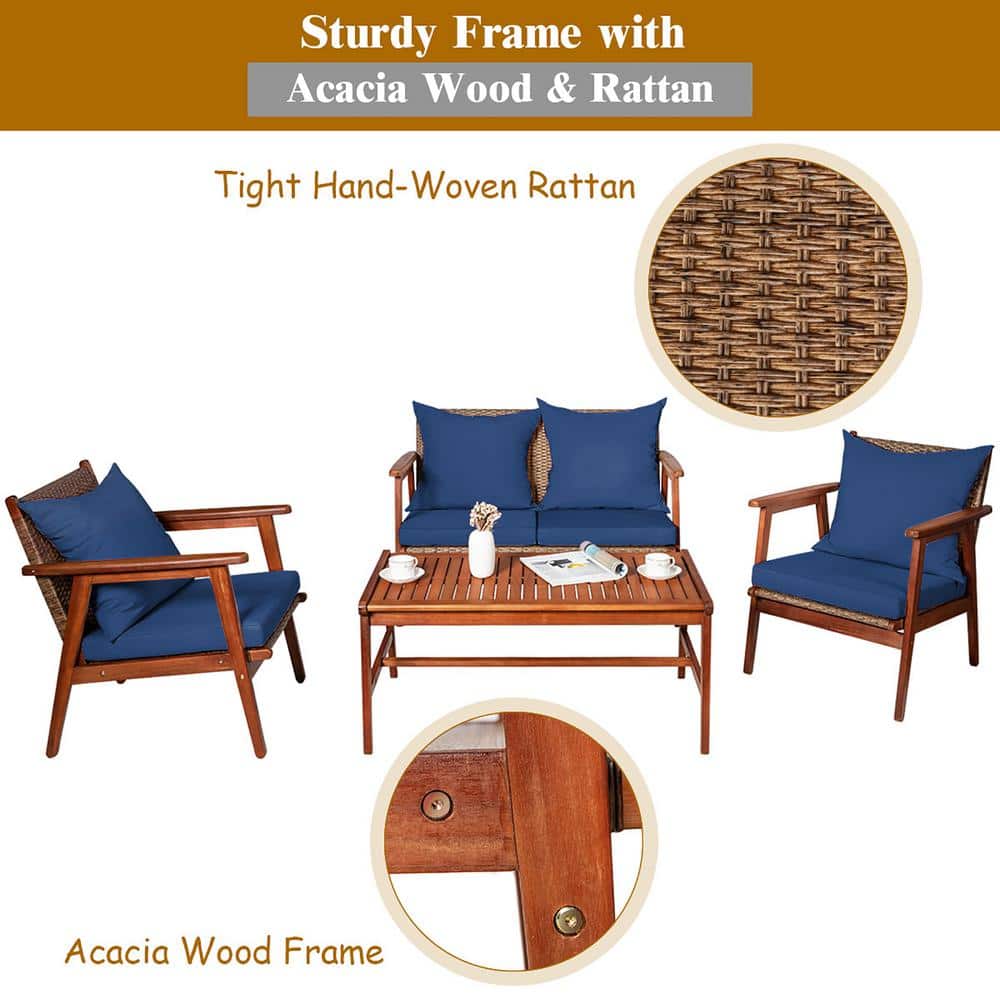 Navy Acacia Wood and Rattan 4-Piece Outdoor Patio Set