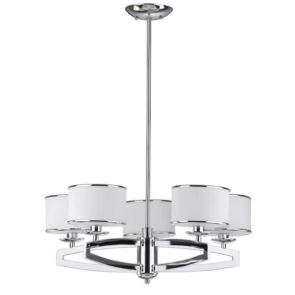 SAFAVIEH Lenora Drum 5-Light Chrome Hanging Pendant Lighting Chandelier with Etched White Shade