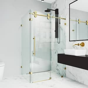 Winslow 34 in. L x 46 in. W x 74 in. H Frameless Sliding Rectangle Shower Enclosure in Matte Gold with Clear Glass