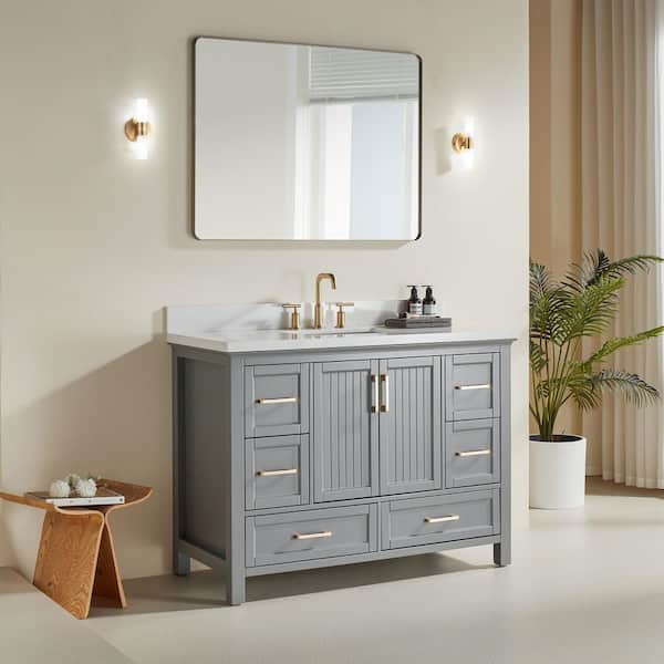 48 in. Freestanding Gray Bath Vanity with Carrara White Cultured Marble Top Assembled, Soft-Close Doors and Drawers
