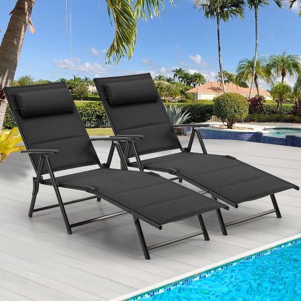 Cesicia 2 Pcs Metal Outdoor Black Folding Reclining Adjustable Chaise ...