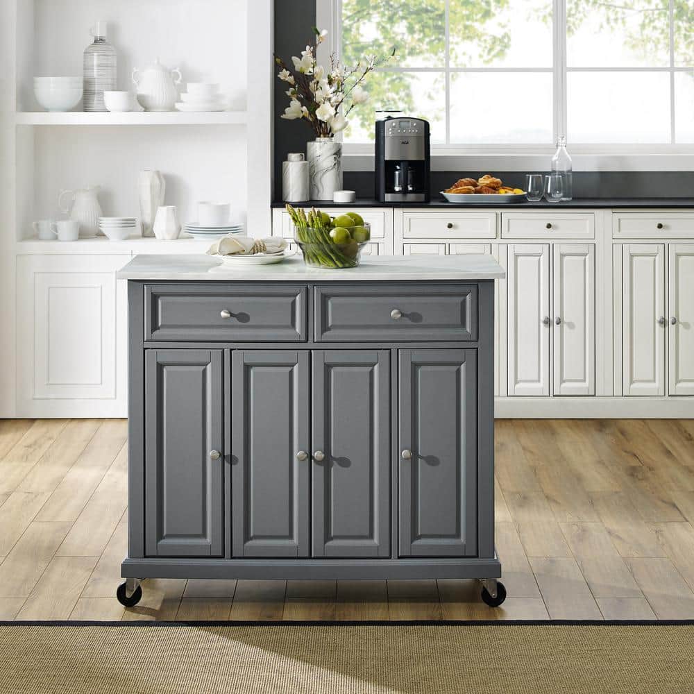 Traditional Gray Granite-Top Birch Kitchen Cart with Nickel Accents