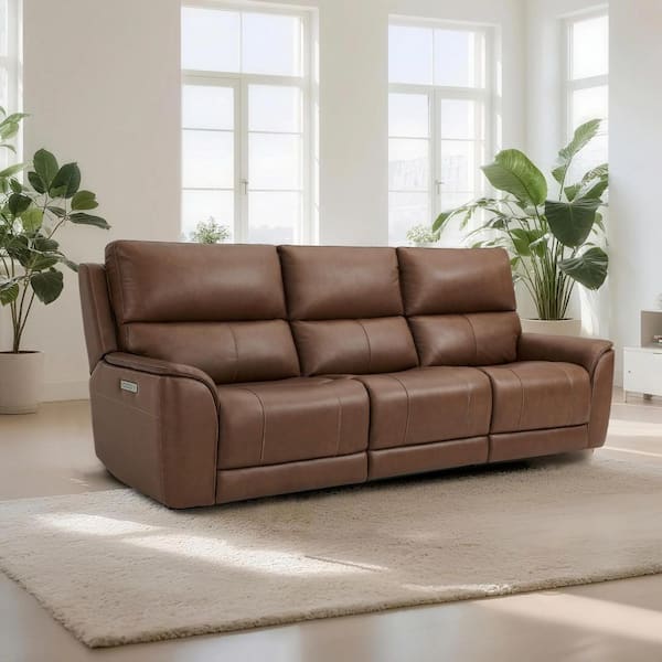 113.5 in. Double Width Pillow Top Arm Genuine Leather Power Rectangle Sofa with Triple Power Adjustment in LightBrown
