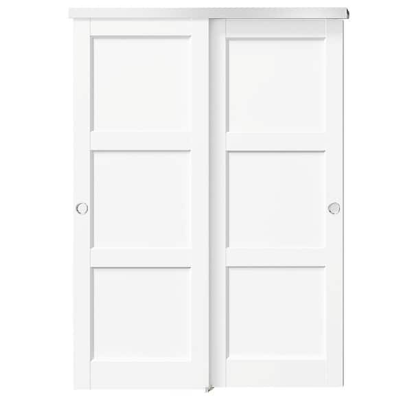 56 in. x 80 in. White, Solid Core, MDF & DIY Painted Double 3 Panel Bypass Sliding Door with Aluminium Hardware