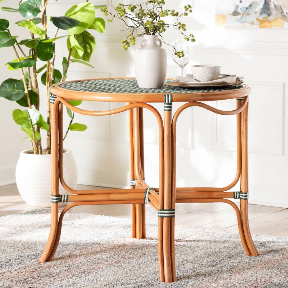 bali & pari Mattie Green Woven Rattan Wicker 4-Legs Dining Table