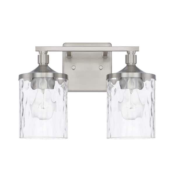 13 in. W x 10 in. H x 7 in. E 2-Light Clear Water Glass Vanity Light in Brushed Nickel